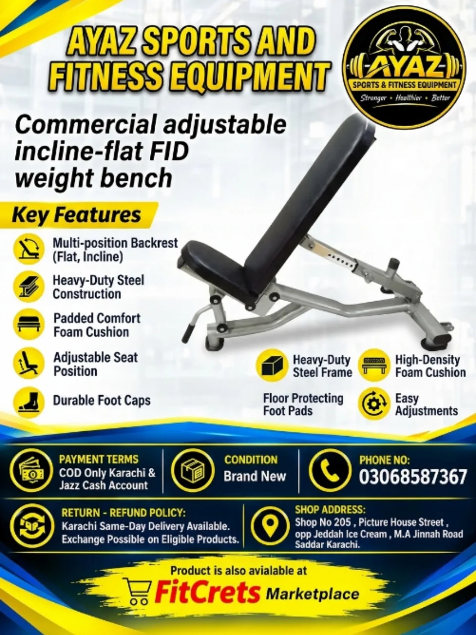 Commercial Adjustable Incline-Flat FID Weight Bench
