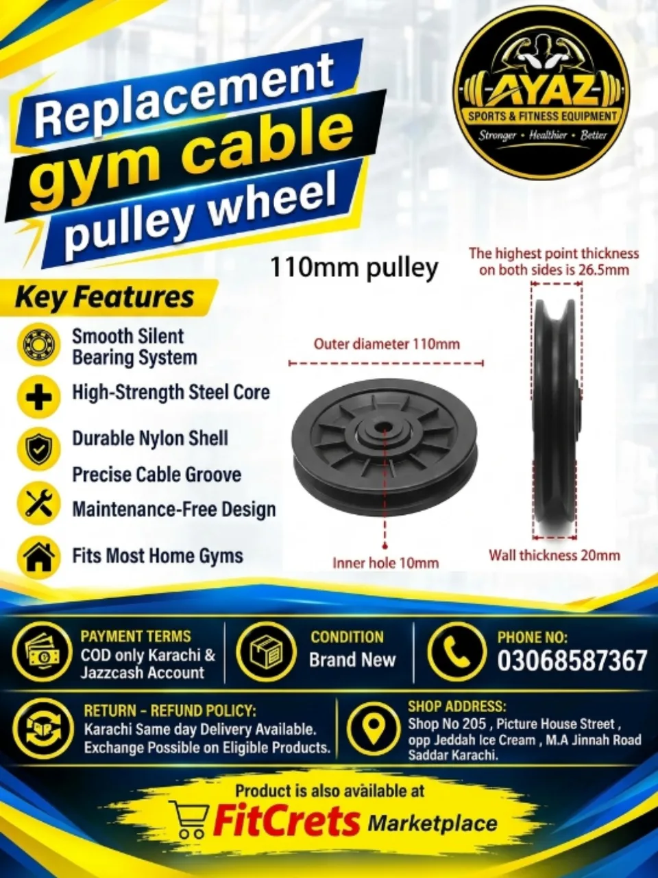 110 mm Replacement Gym Cable Pulley Wheel 