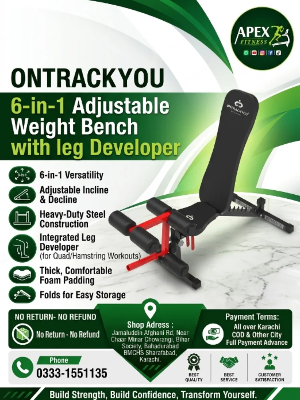 ONTRACKYOU 6-in-1 Adjustable Weight Bench with Leg Developer.