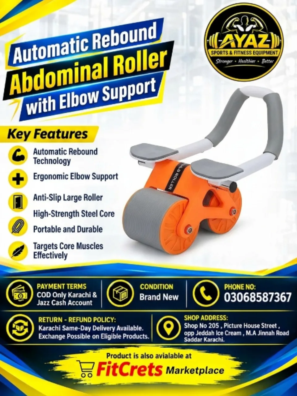 Automatic Rebound Abdominal Roller with Elbow Support 