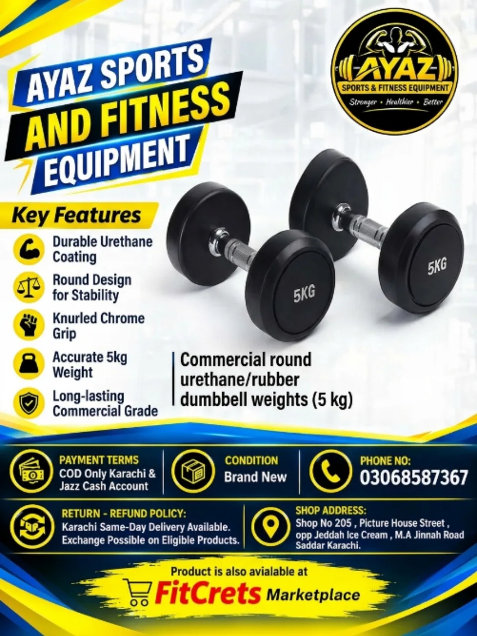 Commercial Round Urethane/Rubber Dumbbell Weights (5 kg).