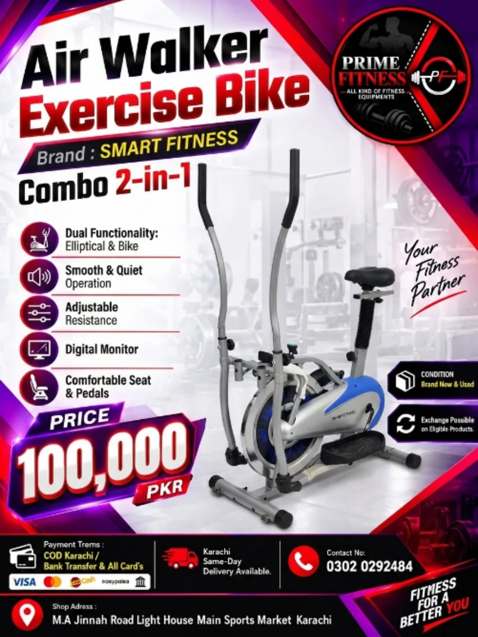 Smart Fitness Air Walker Exercise Bike (Combo 2-in-1) 