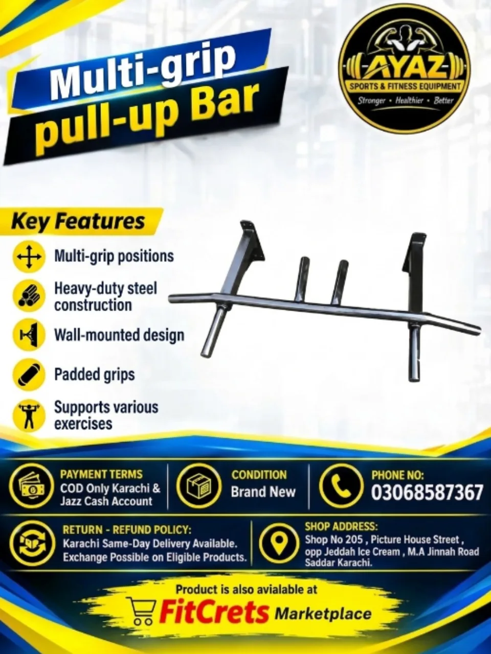 Heavy-Duty Wall-Mounted Multi-Grip Pull-Up Bar