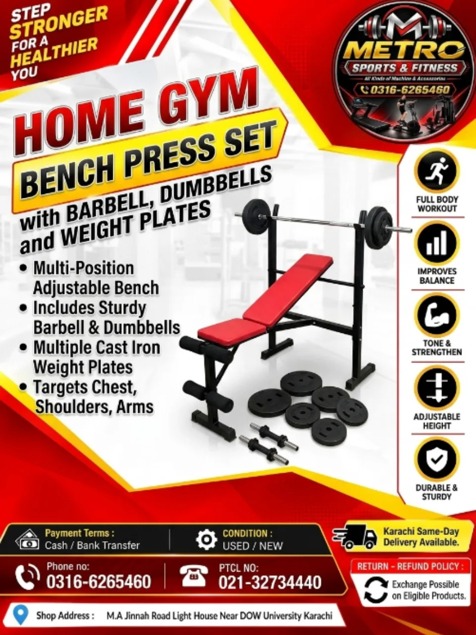 Home Gym Bench Press Set with Barbell, Dumbbells and Weight Plates 