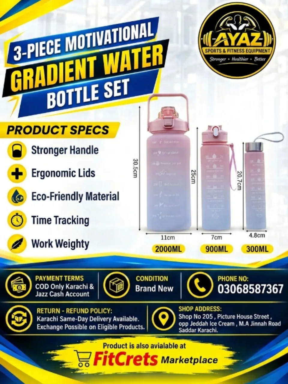 3-Piece Motivational Gradient Water Bottle Set