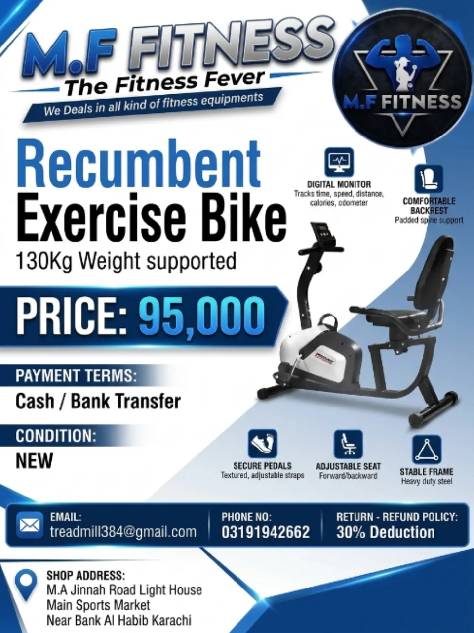 Recumbent Exercise Bike (130Kg Weight supported)