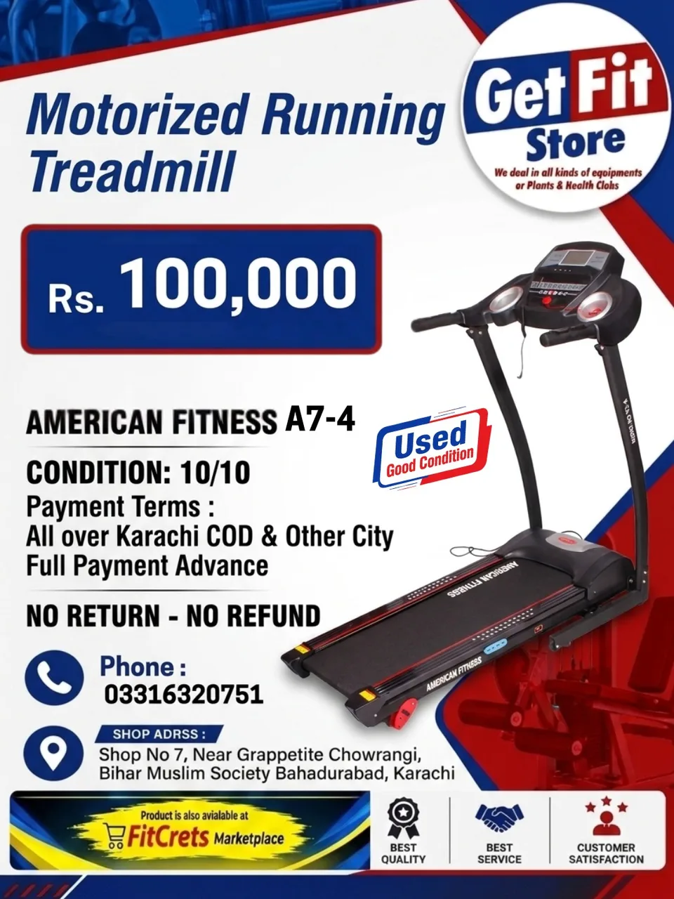 American Fitness A7-4 Motorized Running Treadmill
