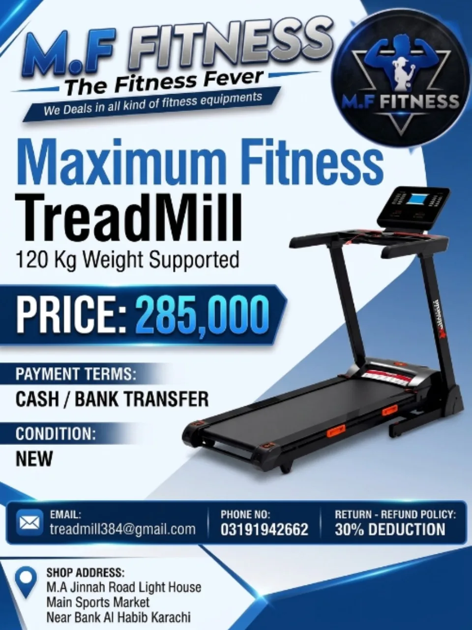 Maximum Fitness Treadmill (120 Kg Weight Supported)