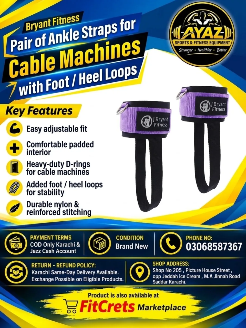 Bryant Fitness Pair of Ankle Straps for Cable Machines with Foot / Heel Loops — photo 1