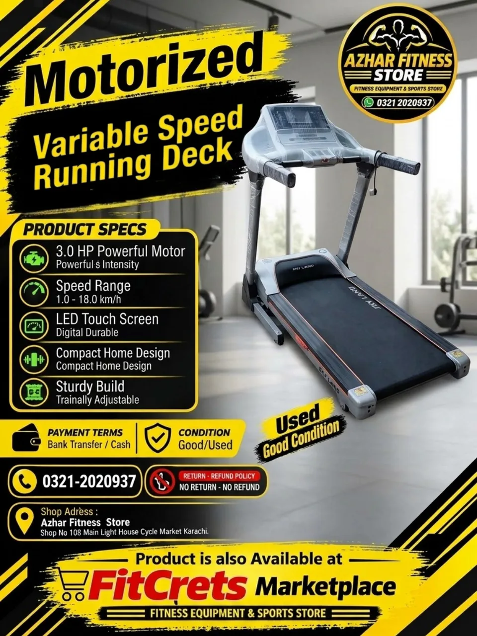Motorized Variable Speed Running Deck / Sky Land Heavy-Duty Treadmill (Used / Good Condition)