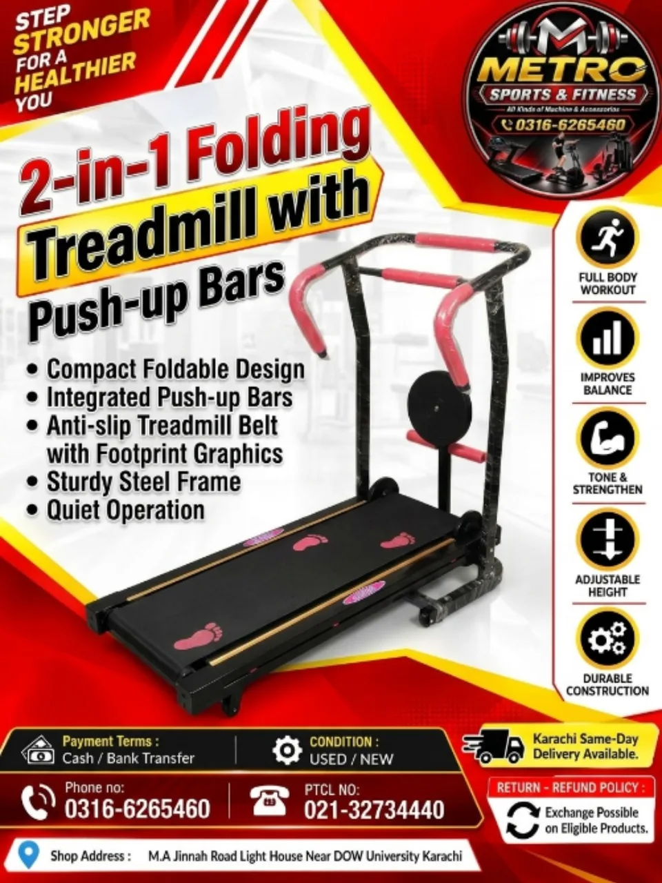 2-in-1 Folding Treadmill with Push-up Bars