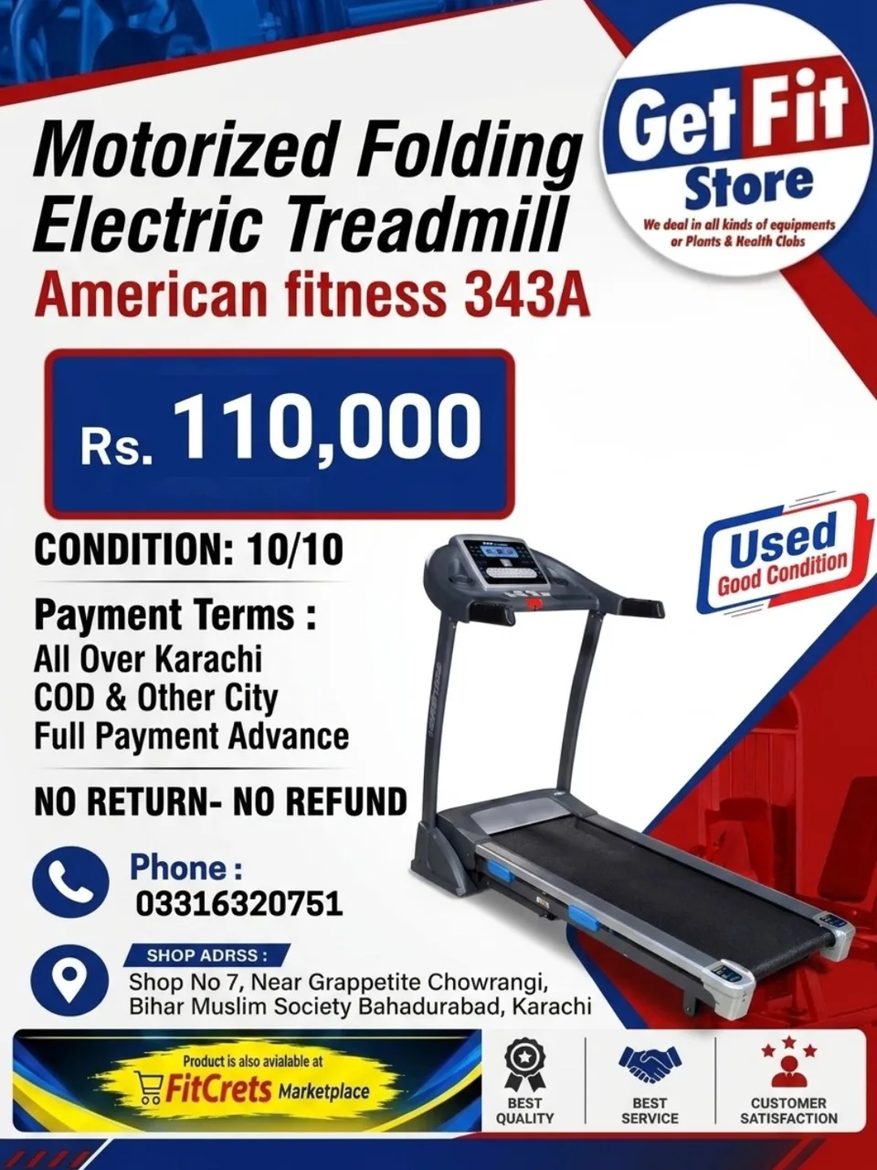 Motorized Folding Electric Treadmill American fitness 343A