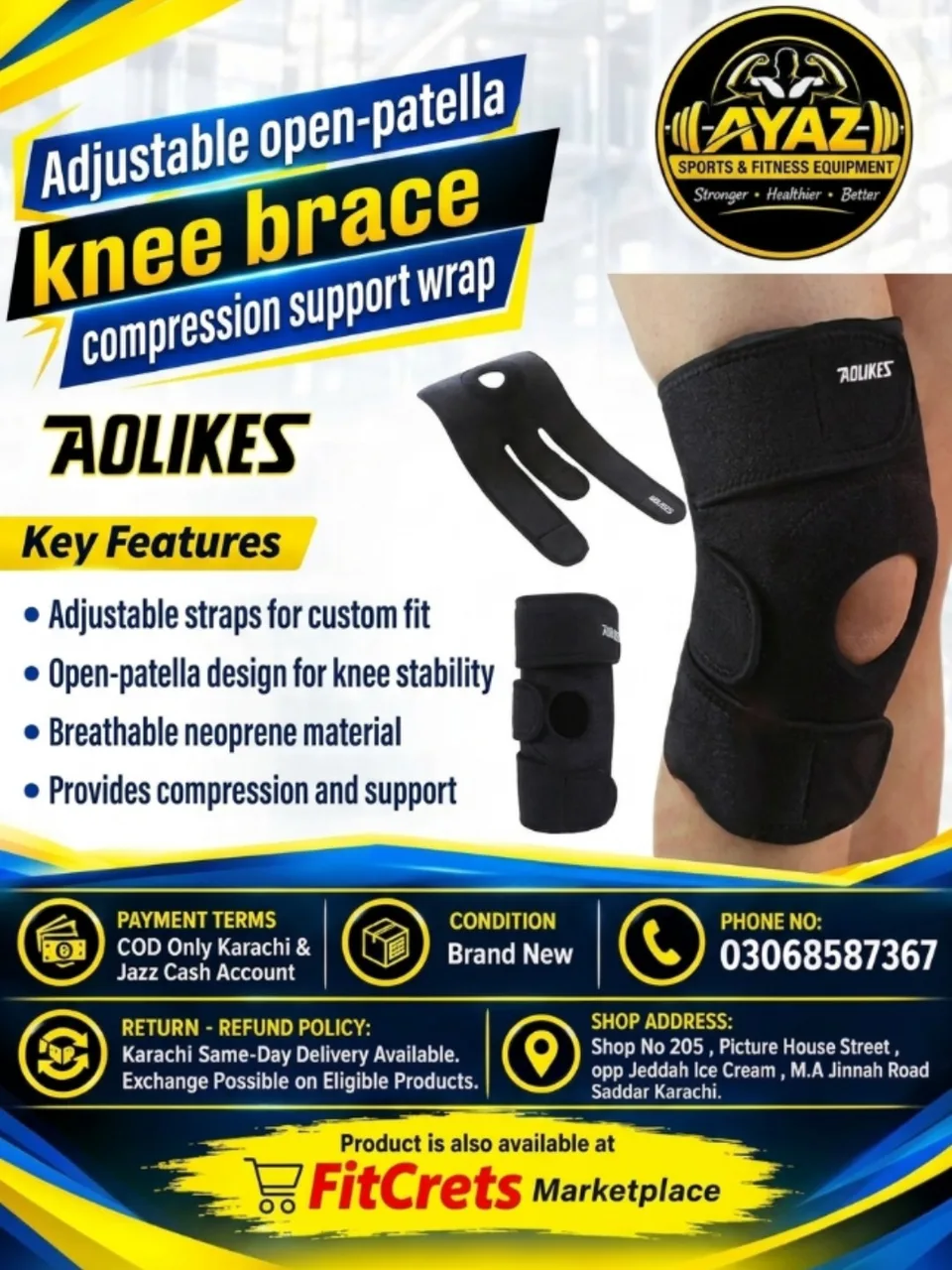 Aolikes Adjustable Open-Patella Neoprene Knee Brace Compression Support Wrap — photo 1