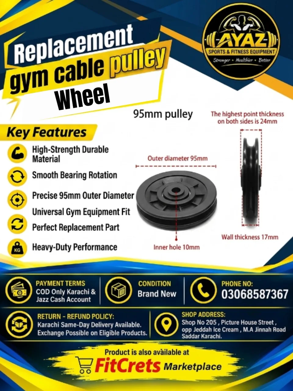 95mm Replacement Gym Cable Pulley Wheel 