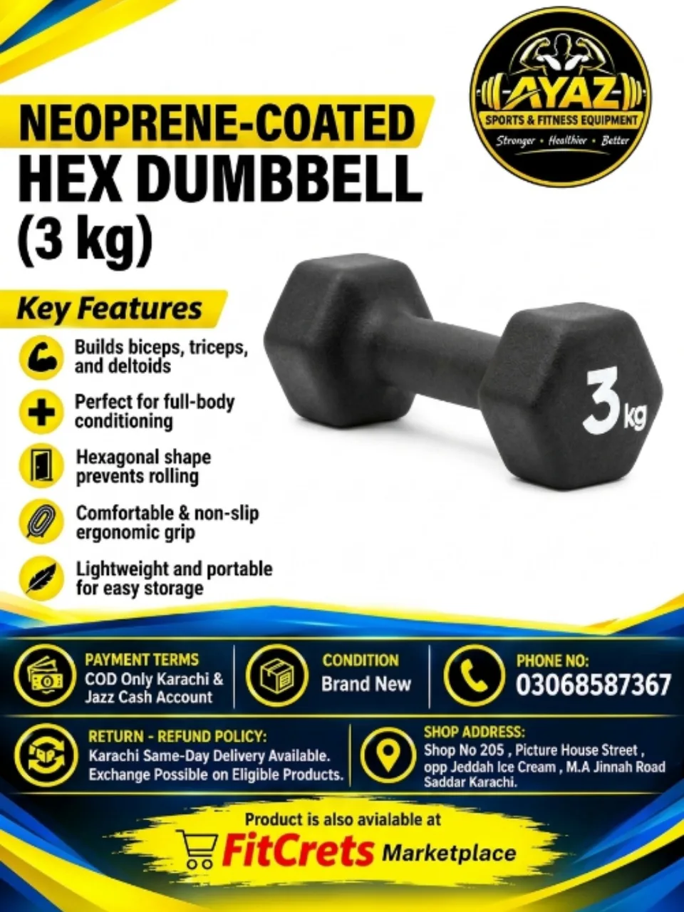 Neoprene-Coated Hexagonal Dumbbell Weights (3 kg) — photo 1