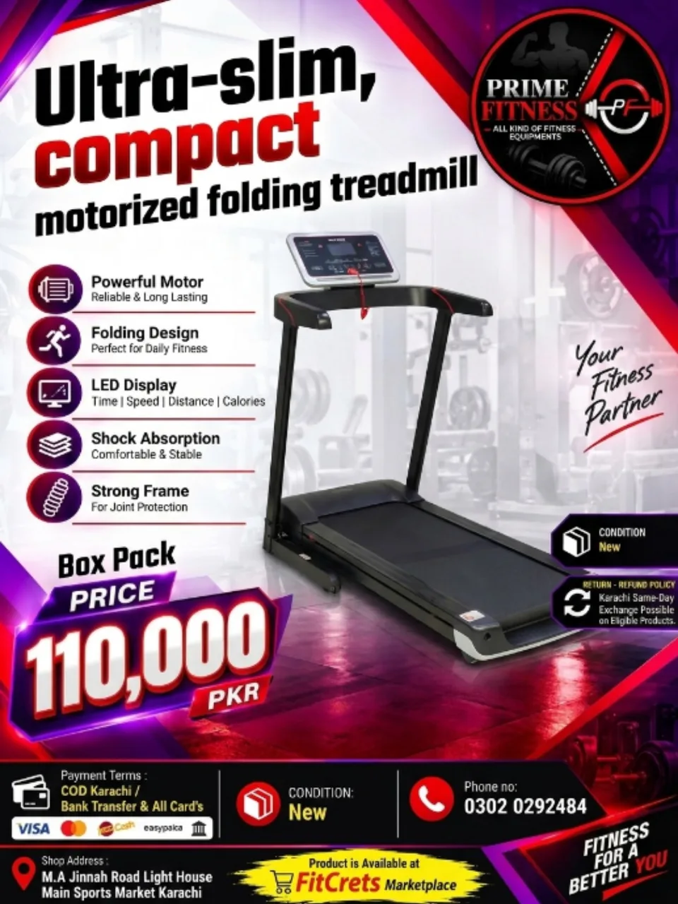 Ultra-slim, Compact Motorized Folding Treadmill