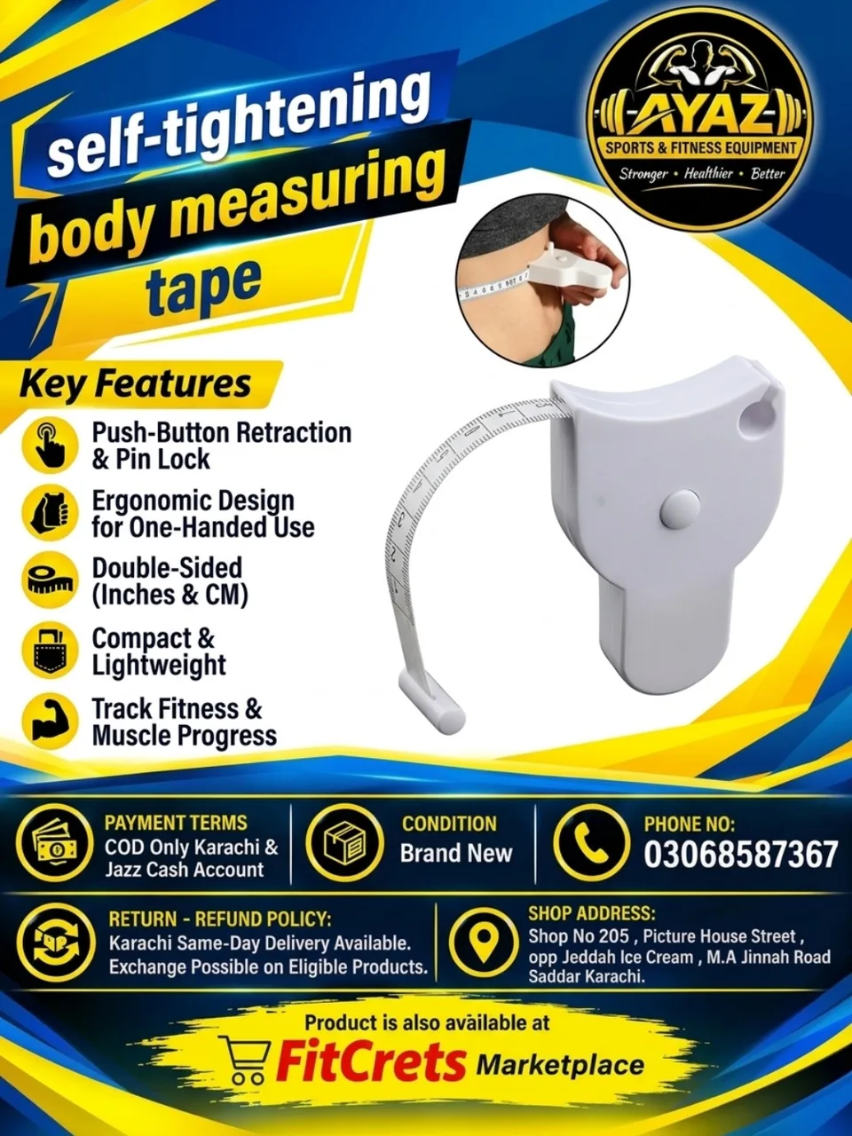 Self-Tightening Body Measuring Tape with Push-Button Retraction — photo 1