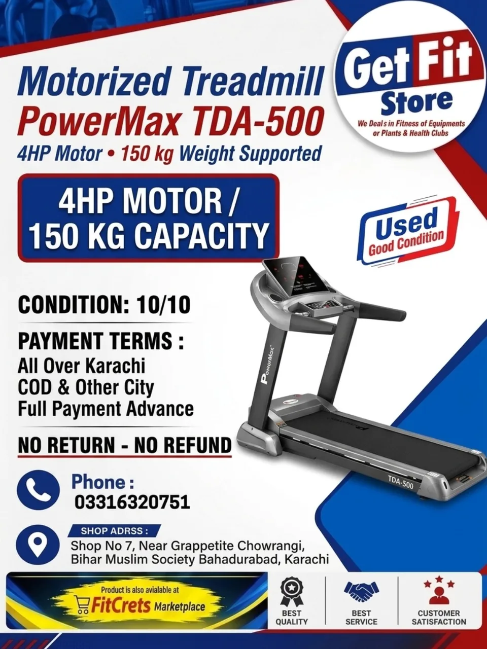 Power Max TDA-500 Motorized Treadmill (4HP Motor / 150 kg Capacity) — photo 1