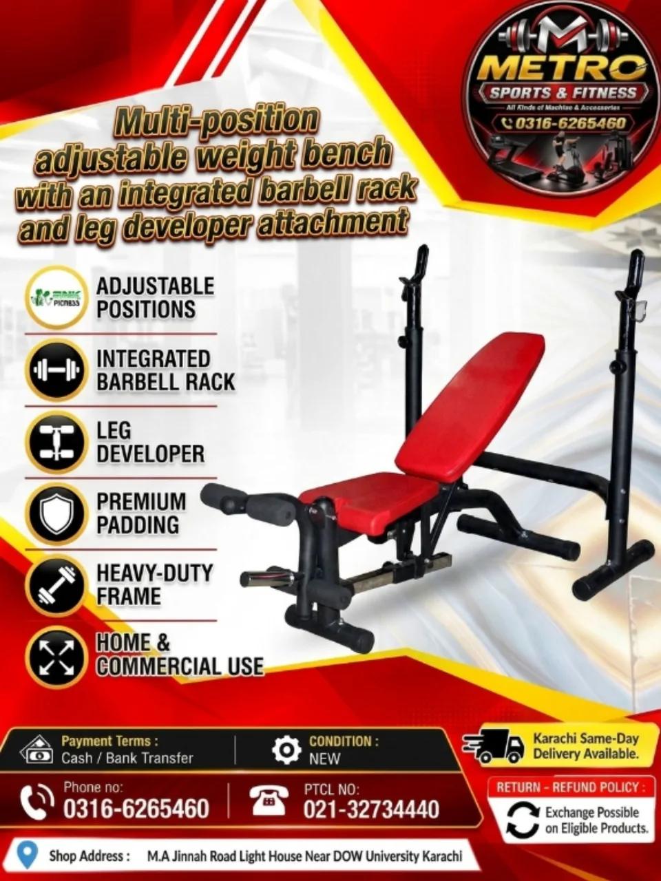 Multi-position adjustable weight bench with an integrated barbell rack and leg developer attachment