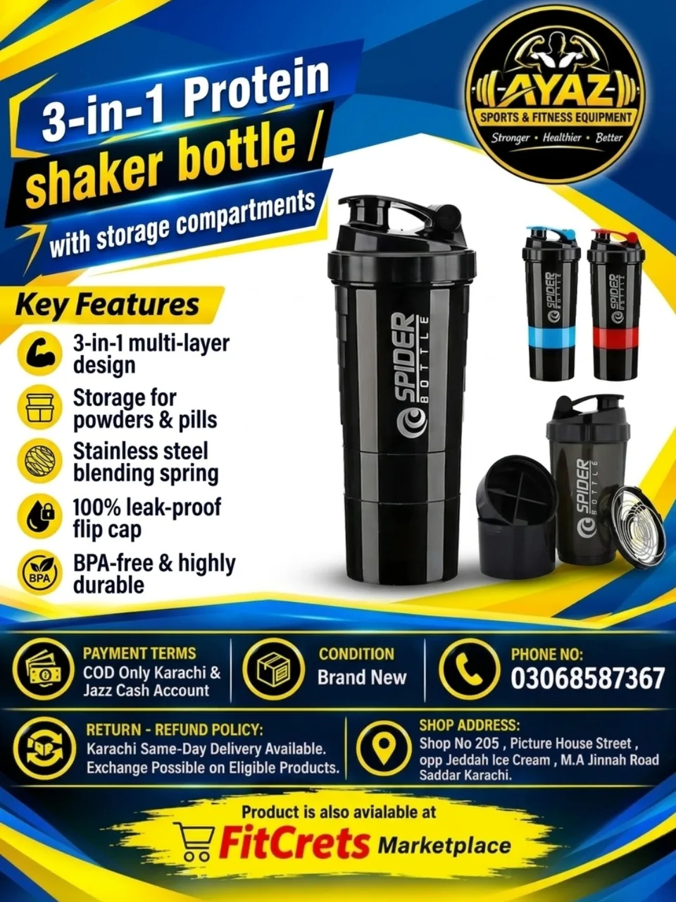 3-in-1 Protein Shaker Bottle with Storage Compartments — photo 1