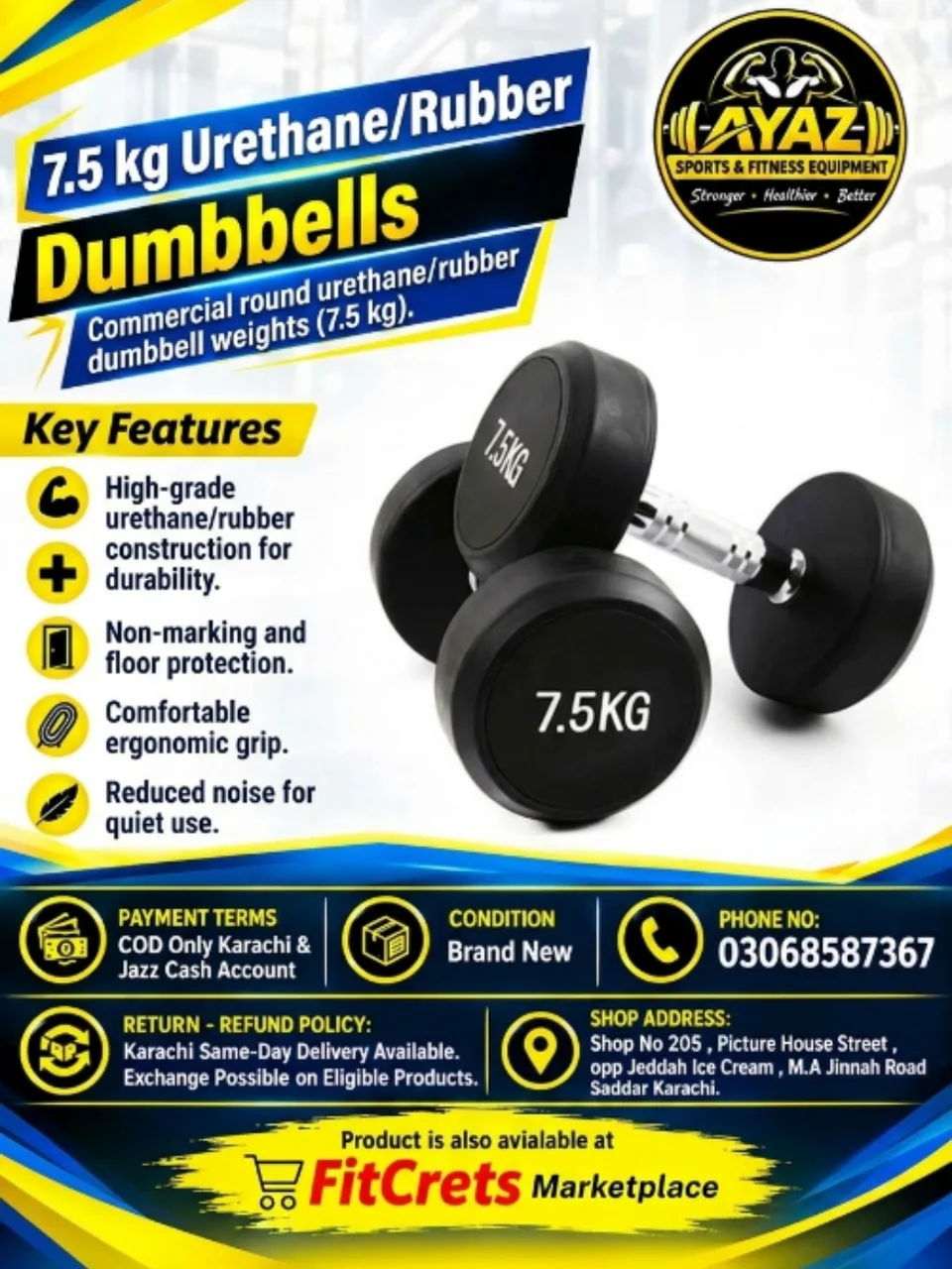 Pair of Commercial Round Urethane Rubber Dumbbell Weights (7.5 kg)