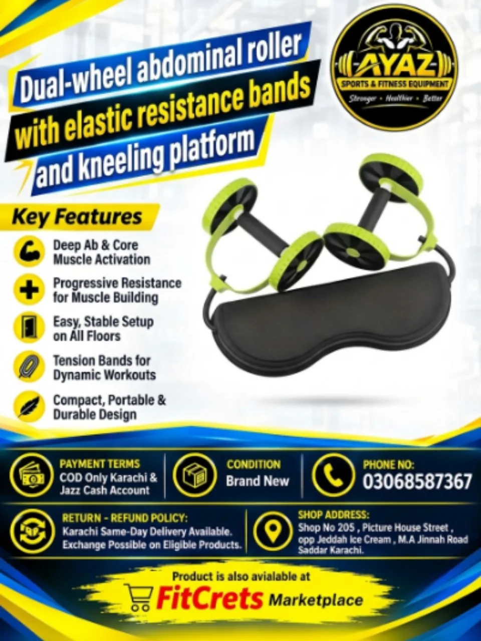 ual-Wheel Abdominal Roller with Elastic Resistance Bands and Kneeling Platform
