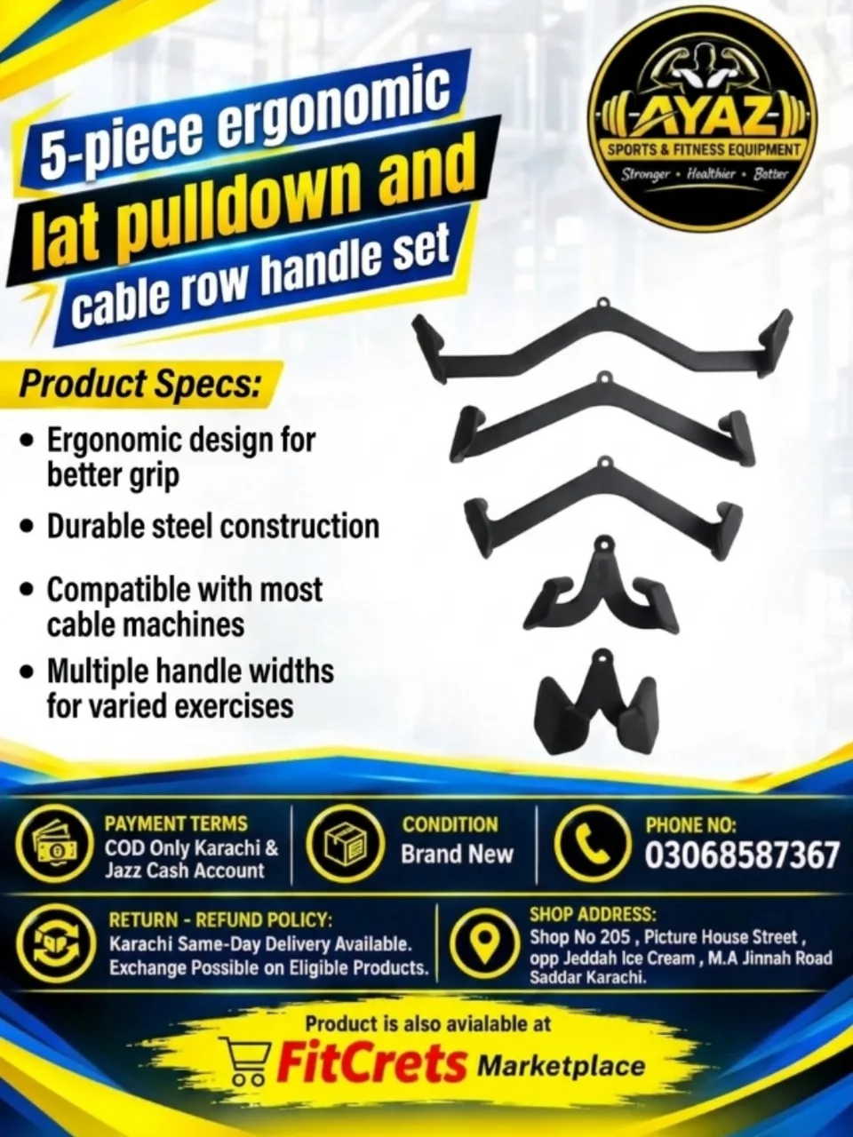 5-Piece Ergonomic Lat Pulldown and Cable Row Handle Set