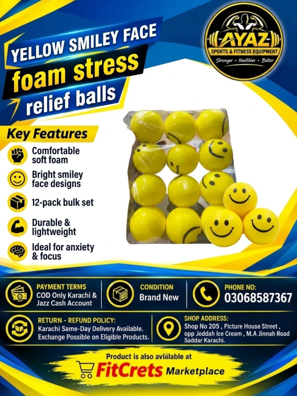 Yellow Smiley Face Foam Stress Relief Balls (12-Pack Bulk Set) — photo 1