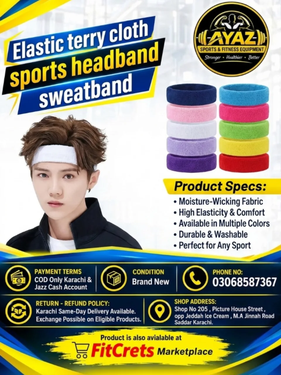 Elastic Terry Cloth Sports Headband & Sweatband