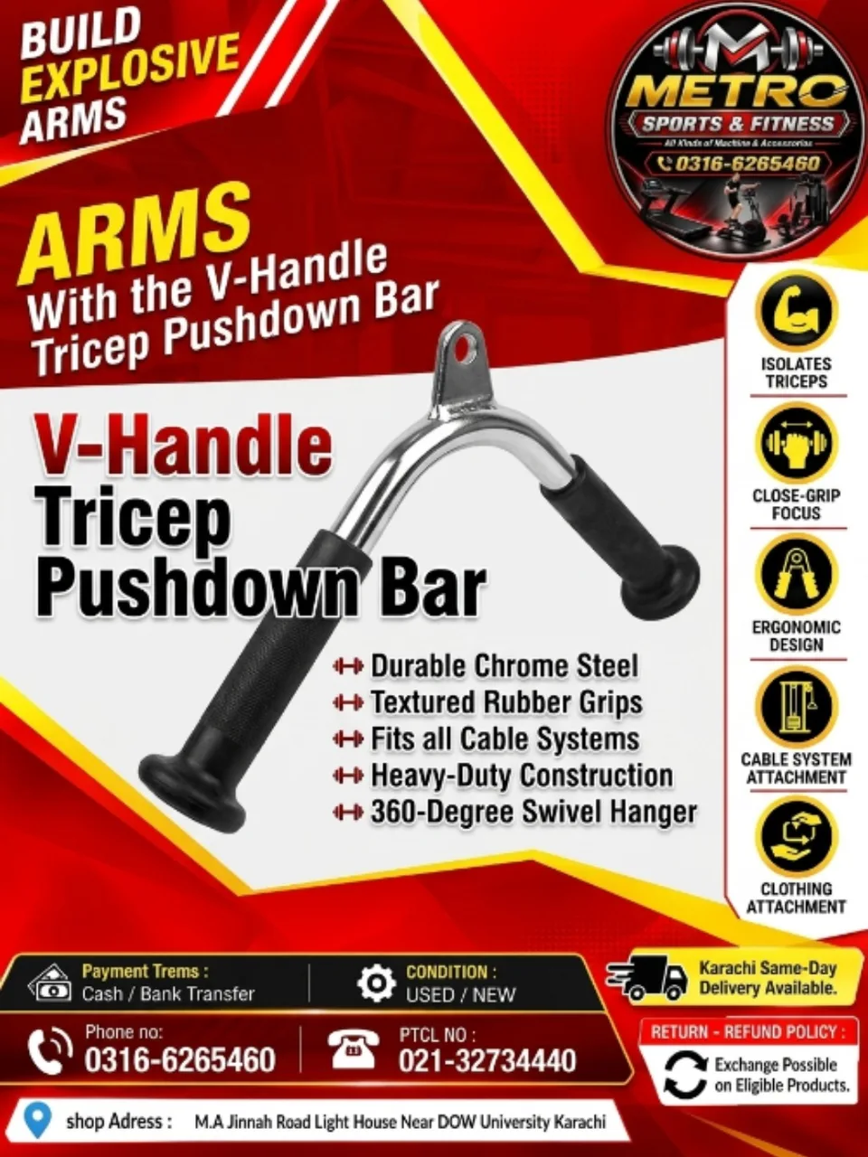 Arms V-Handle Triceps' Pushdown Bar