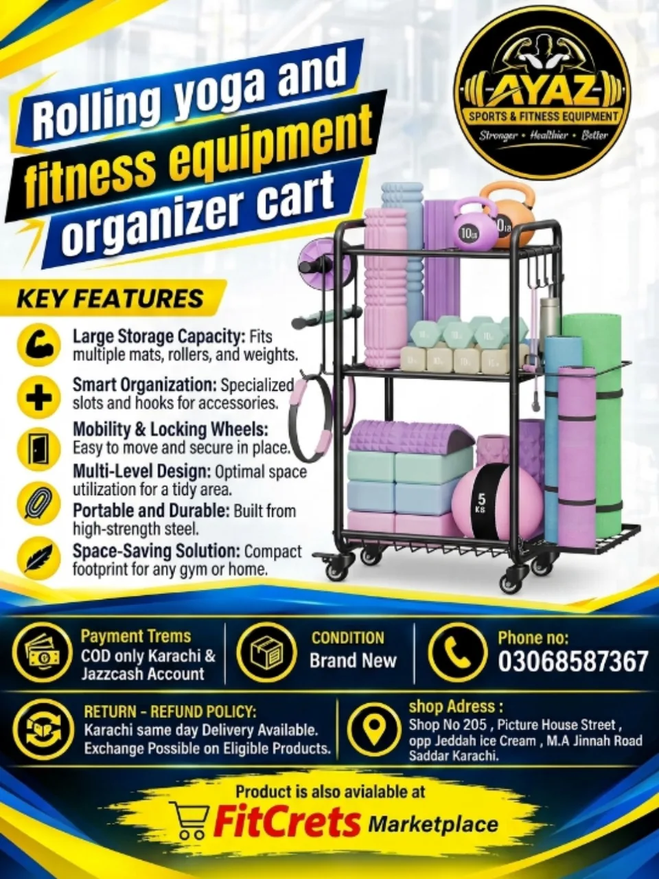 Rolling Yoga and Fitness Equipment Organizer Cart