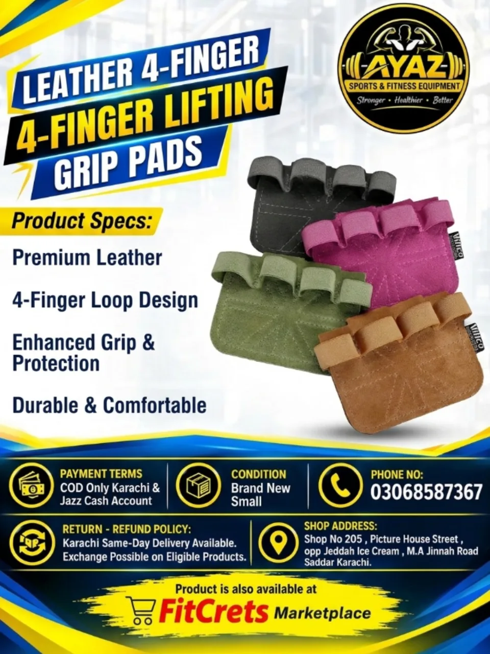 Genuine Leather 4-Finger Weightlifting Gym Grip Pads (Pair) — photo 1