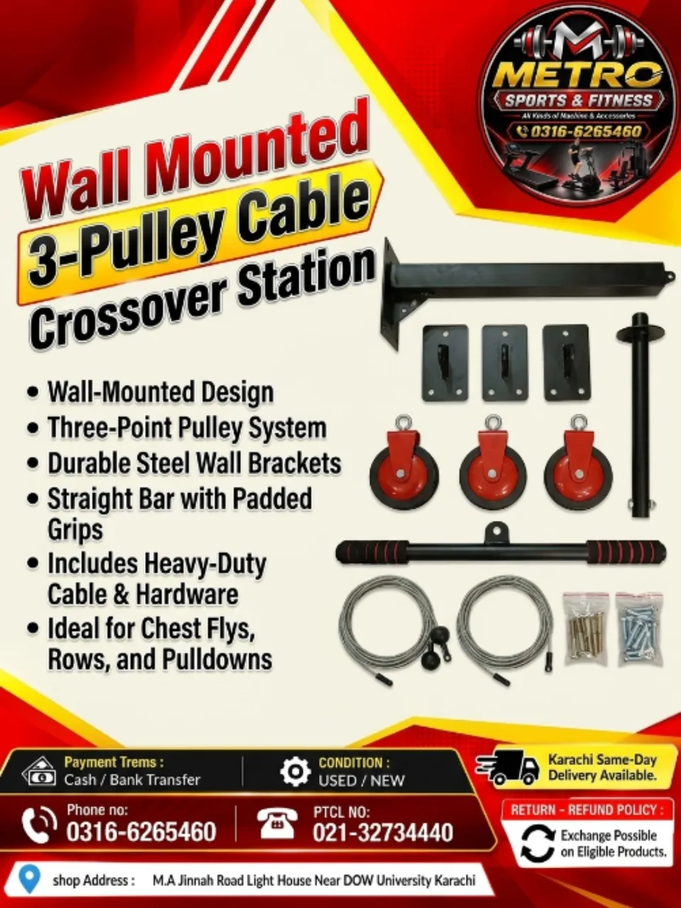 Wall Mounted 3-Pulley Cable Crossover Station