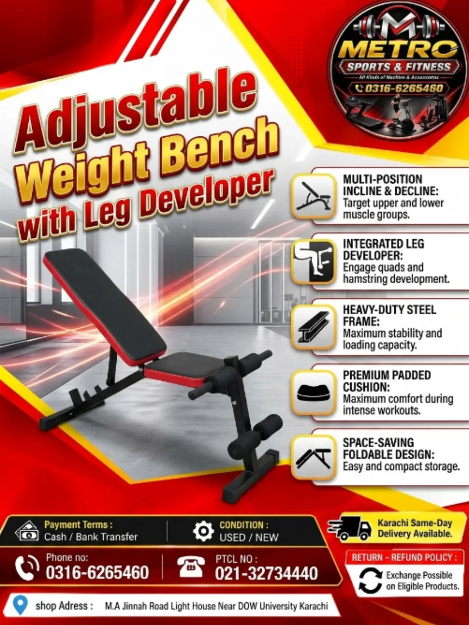 Adjustable Weight Bench with Leg Developer