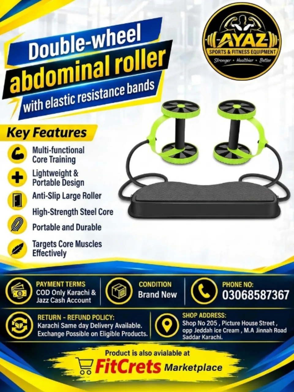 Double-Wheel Abdominal Roller with Elastic Resistance Bands — photo 1