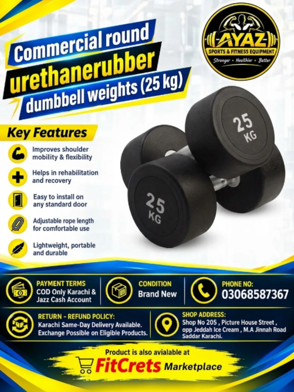 Pair of Commercial Round Urethane Rubber Dumbbell Weights (25 kg) — photo 1