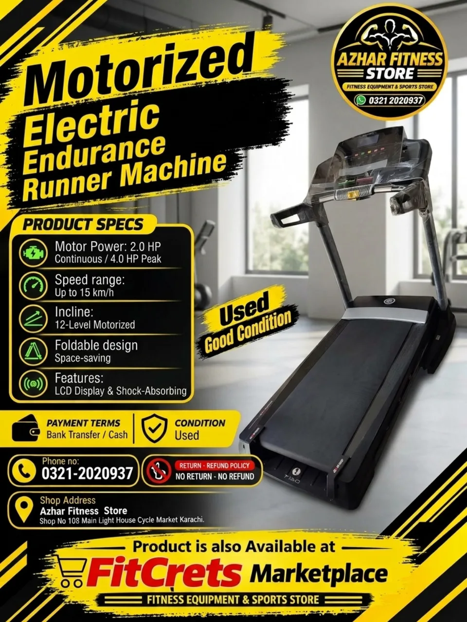 Motorized Electric Endurance Runner Machine / Heavy Duty Treadmill (Used / Good Condition)