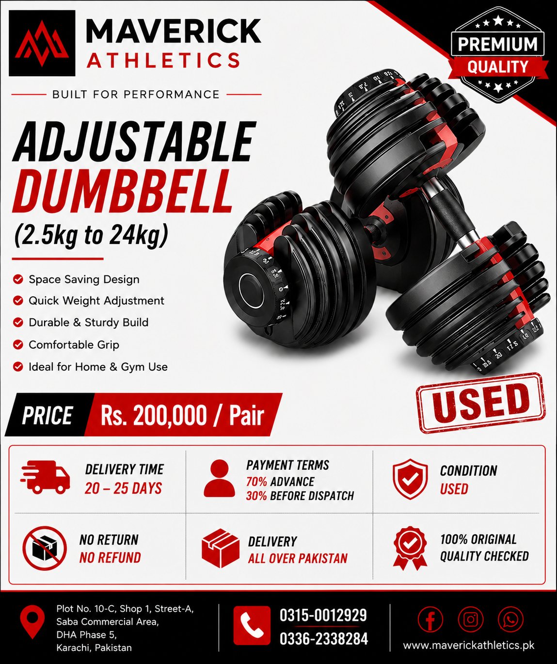 Adjustable Dumbbell (2.5kg–24kg) – Used Pair