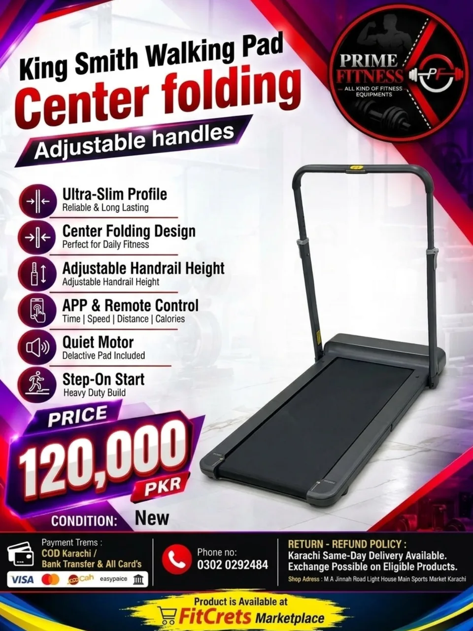 King Smith Walking Pad Center folding Adjustable handles