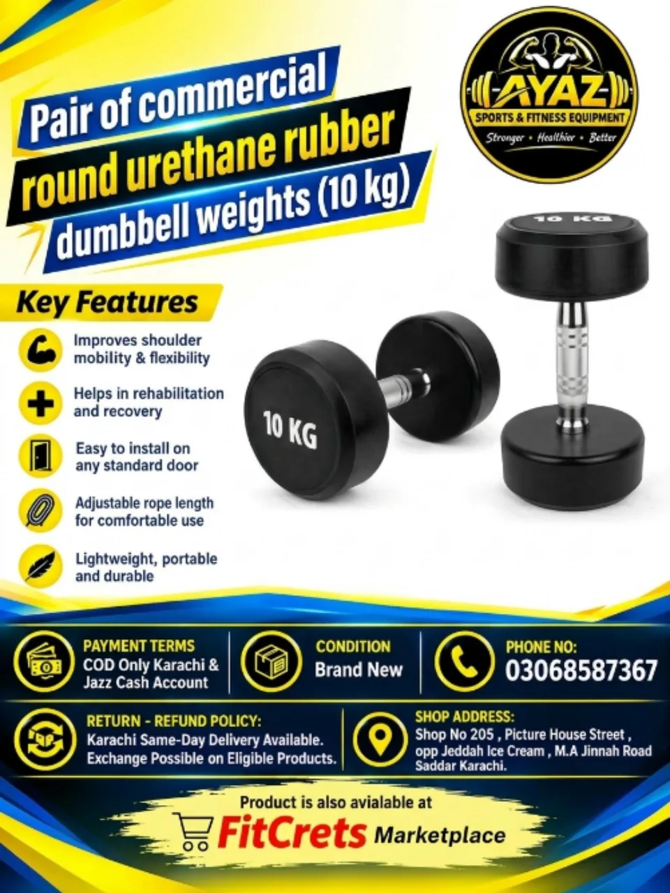 Pair of Commercial Round Urethane Rubber Dumbbell Weights (10 kg)