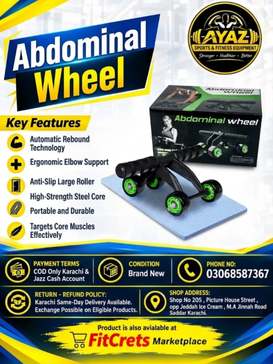 4-Wheel Automatic Rebound Abdominal Wheel Core Trainer with Knee Pad 