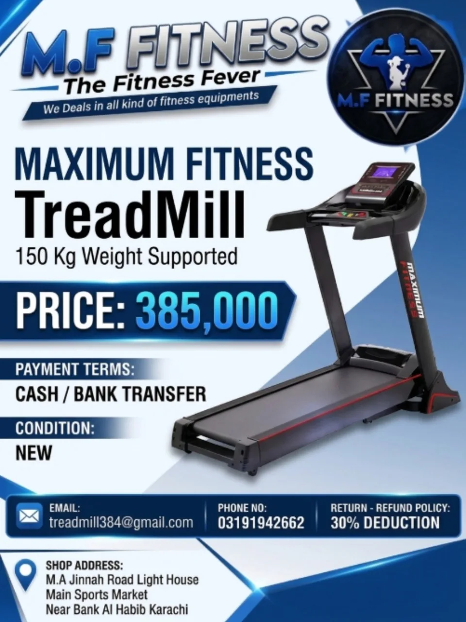 Maximum Fitness Treadmill (150 Kg Weight Supported)
