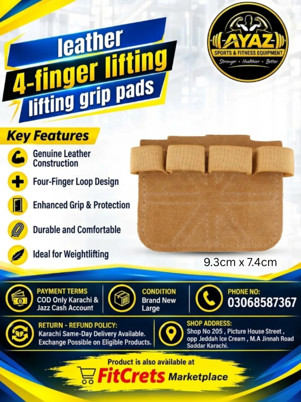 Premium Cowhide Leather 4-Finger Heavy-Duty Gym Grip Pads (Large)