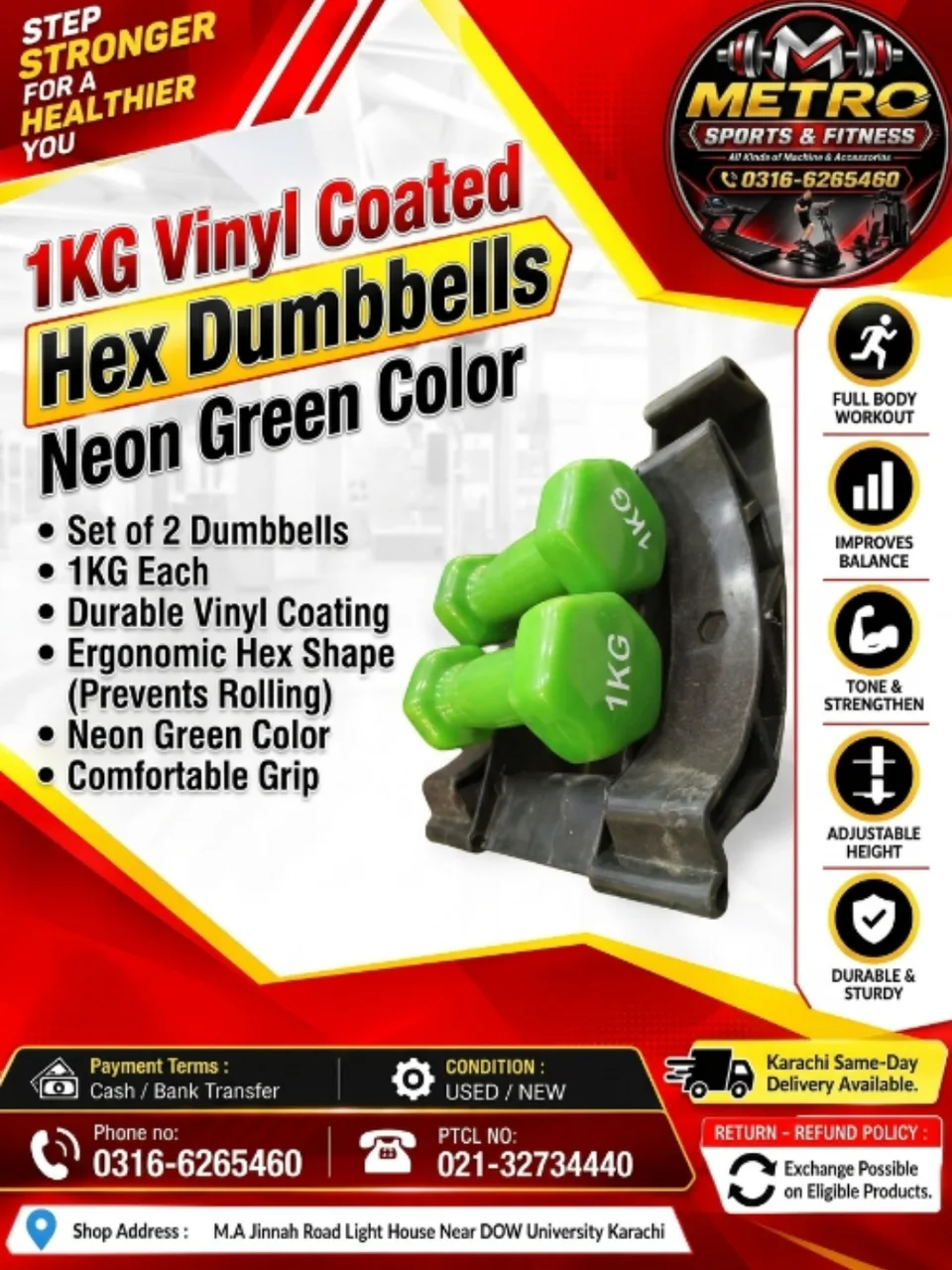1 KG Vinyl Coated Hex Dumbbells (Neon Green Color)