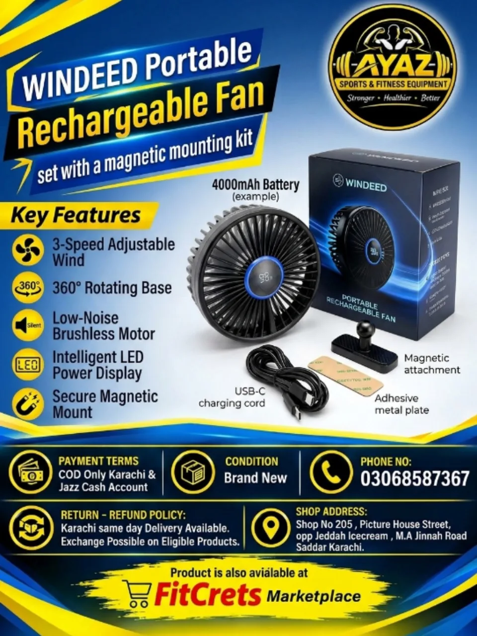 WINDEED Portable Rechargeable Fan Set with a Magnetic Mounting Kit.